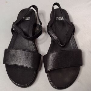 Eileen Fisher Demo Leather Sandals 7.5 Black Flat Comfort Minimalist CC